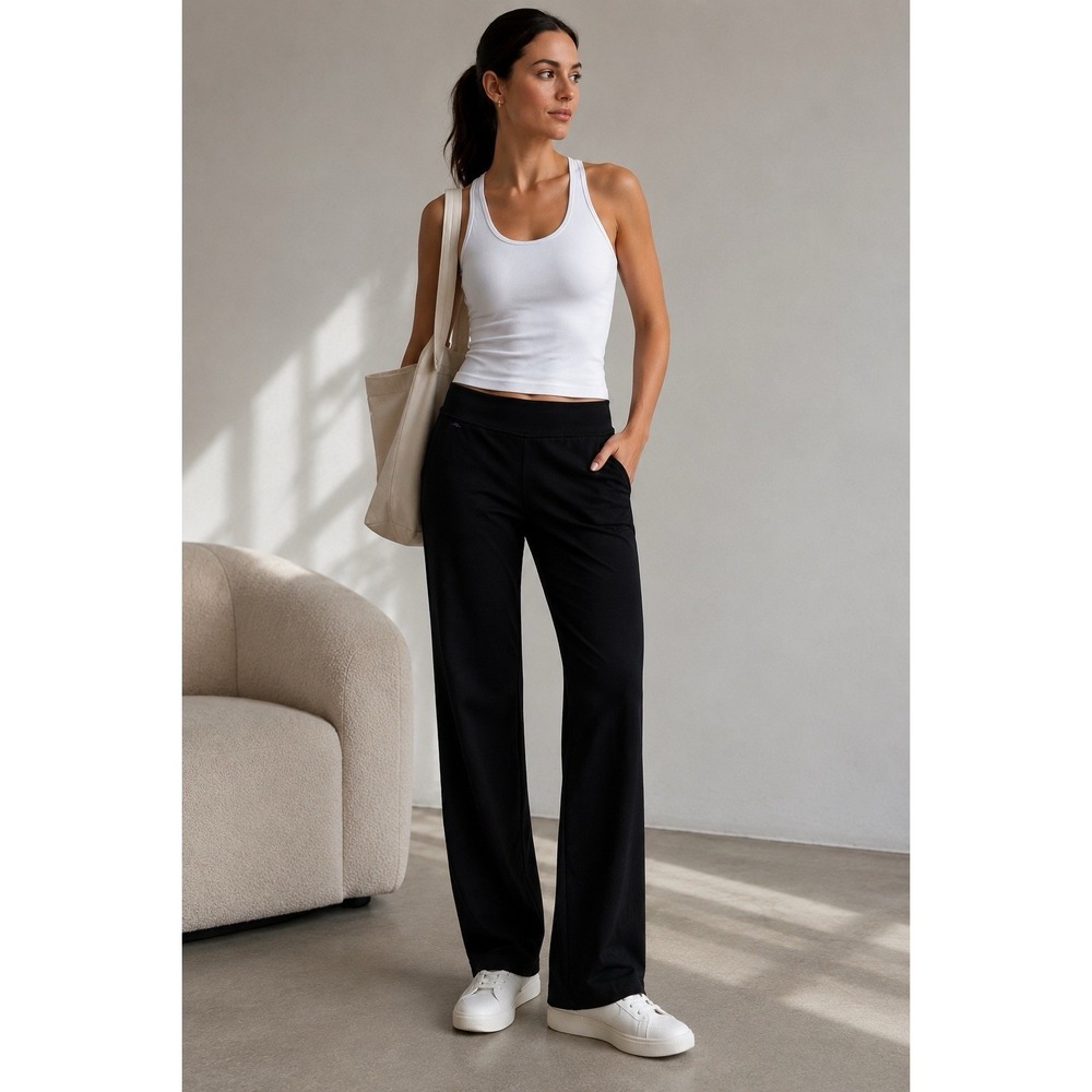L-RL Active Ralph Lauren Embroidered Logo Petite Large Black Stretch Pants EUC